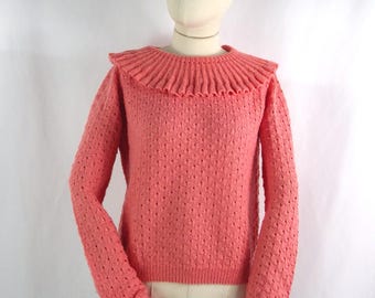 Vintage Pink Pointelle Sweater: Frill Neckline, Bust 38"