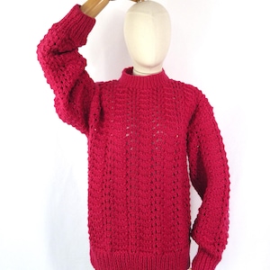 Suéter vintage de lã tricotado à mão: suéter de tricô trançado rosa, tamanho 12 do Reino Unido