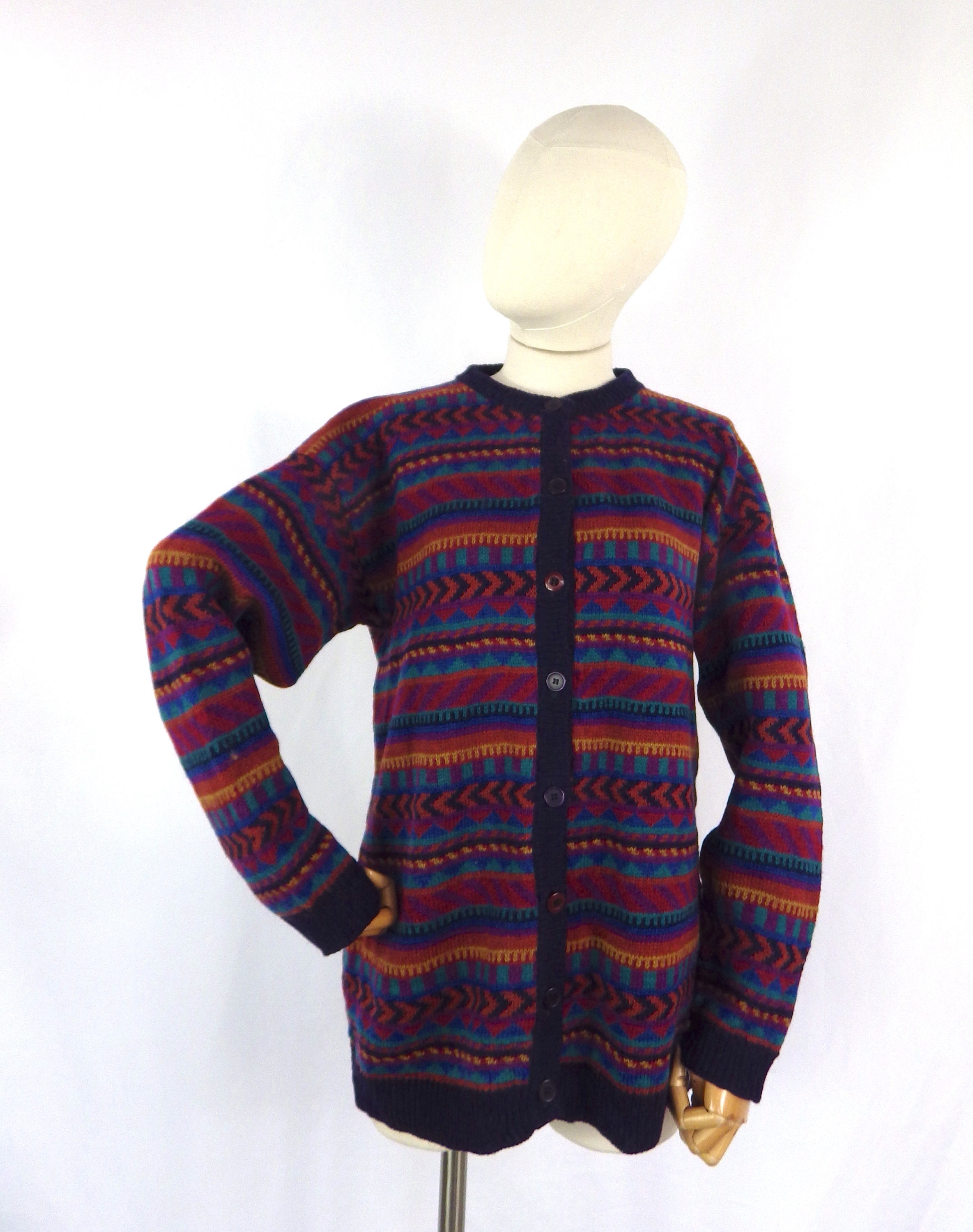 Vintage Intarsia Wool Cardigan: Retro Multicolor Sweater, UK Size 