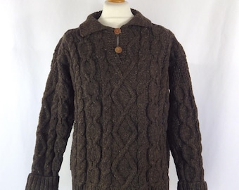 Vintage chunky hand knit coarse brown wool cable sweater 44" L