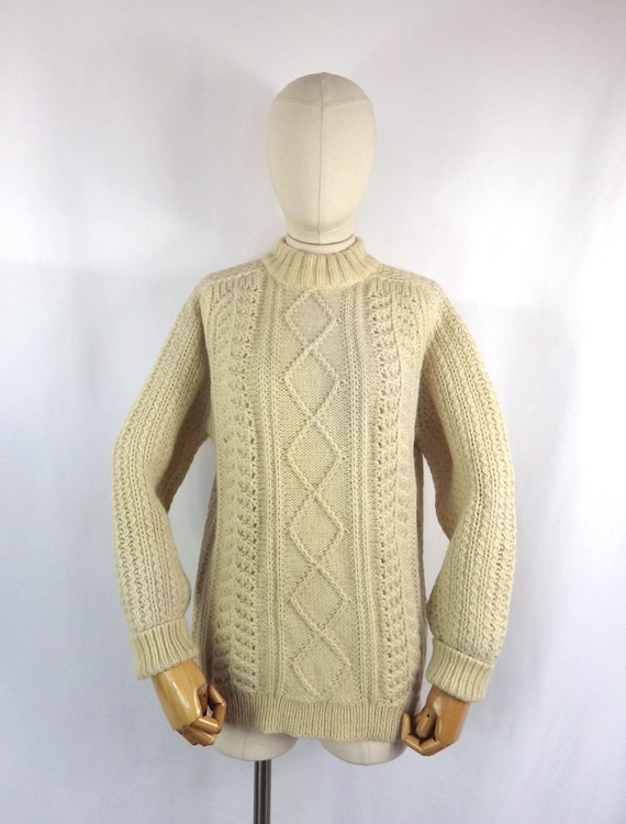 Vintage Grobstrick Reine Wolle Creme Beige Dicker Zopfmuster