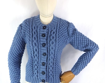Vintage Hand Knit Blue Wool Cable Knit Cardigan - Size M - Etsy Canada