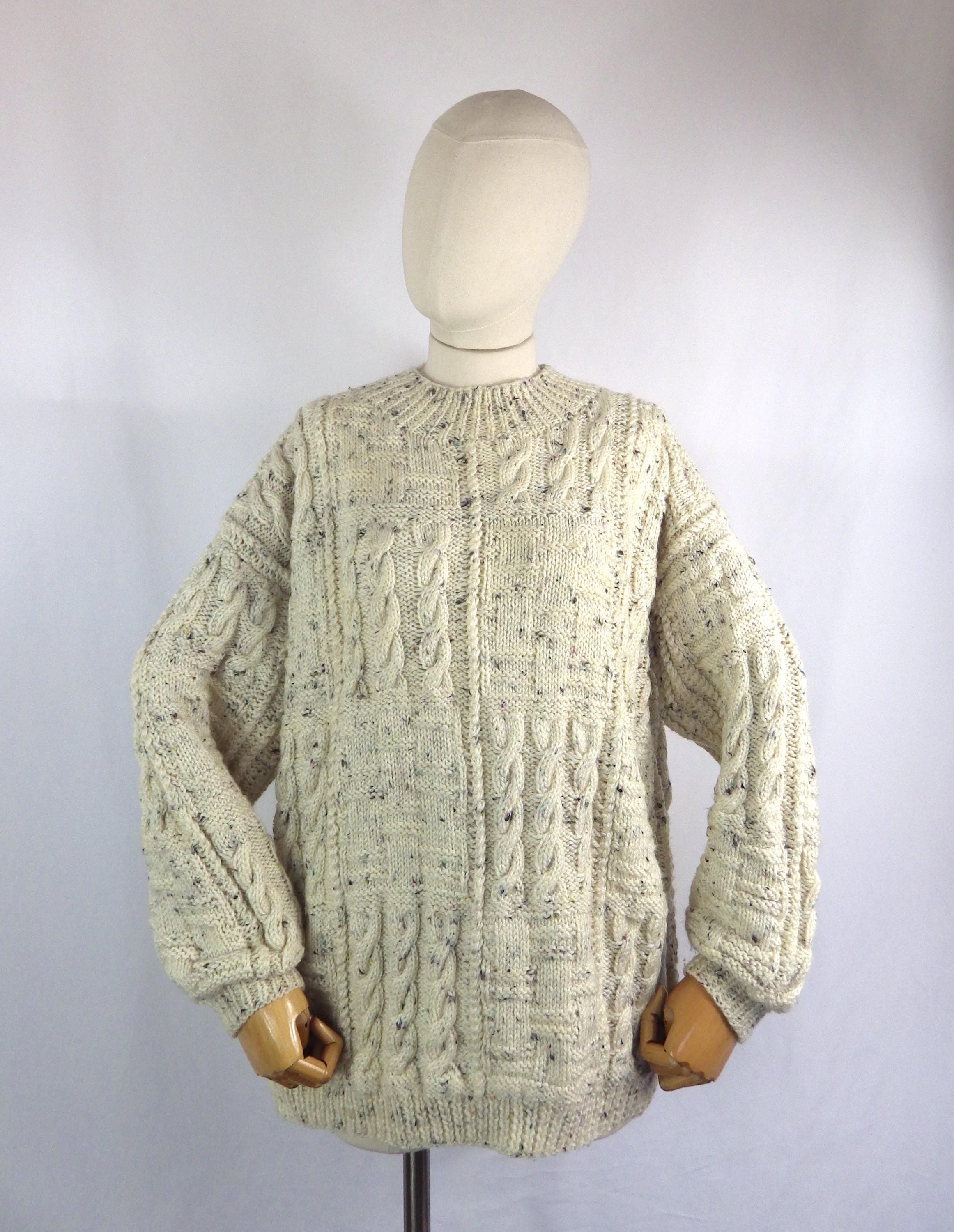 ヴィンテージハンドニットアランウールセーター：クリームケーブル 