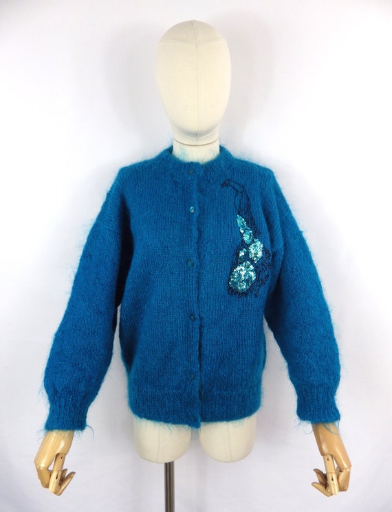 Vintage unique hand knit turquoise blue peacock s… - image 2