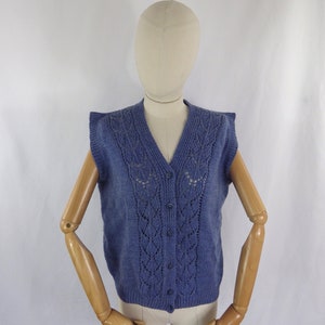 Vintage Hand Knit Wool Cardigan Vest: Blue Sleeveless Preppy Sweater (Bust 38&quot;)