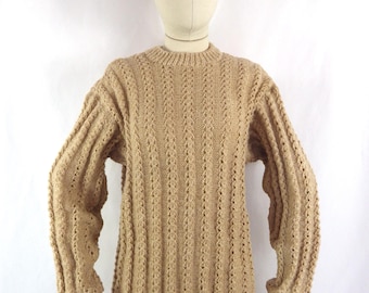 Vintage Hand Knit Wool Sweater: Brown Cable Knit, UK Size 12