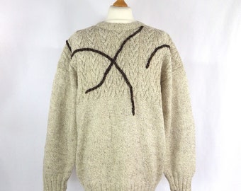 Vintage Cable Knit Aran Sweater: Embroidered Wool Jumper, Chest 50"