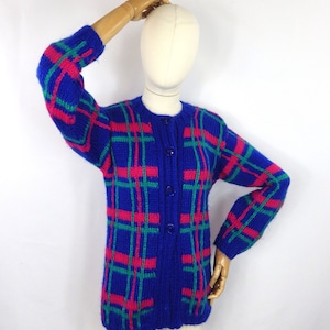 Vintage Hand Knit Plaid Cardigan: Chunky Arty Sweater, Size S