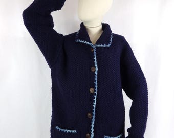 Vintage Pachamama Wool Knit Cardigan: Chunky Rustic Blue, Bust 44"