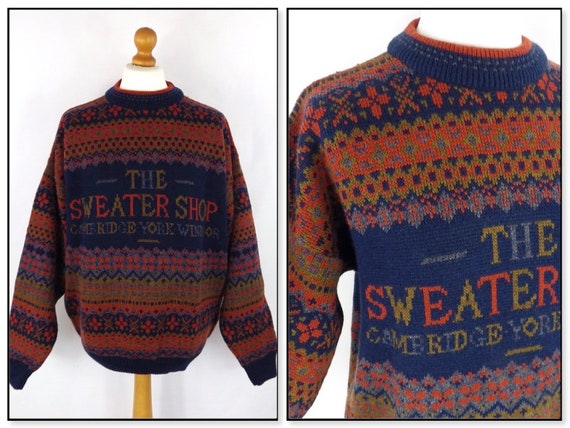 Vintage The Sweater Shop 90s Iconic Fair Isle Spell Out Cambridge York Windsor Jumper Sweater L XL Chest 48\