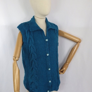 Vintage Hand Knitted Cable Knit Gilet: Turquoise Blue Sleeveless Cardigan (Size 10)