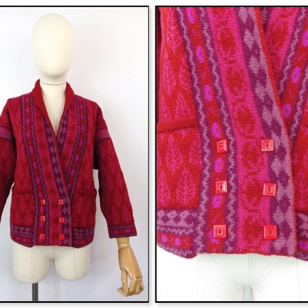 Vintage Scottish artisan designer fair isle vibrant pink red pure new wool cardigan sweater pockets S Small Size 10 UK Grace and Garbo