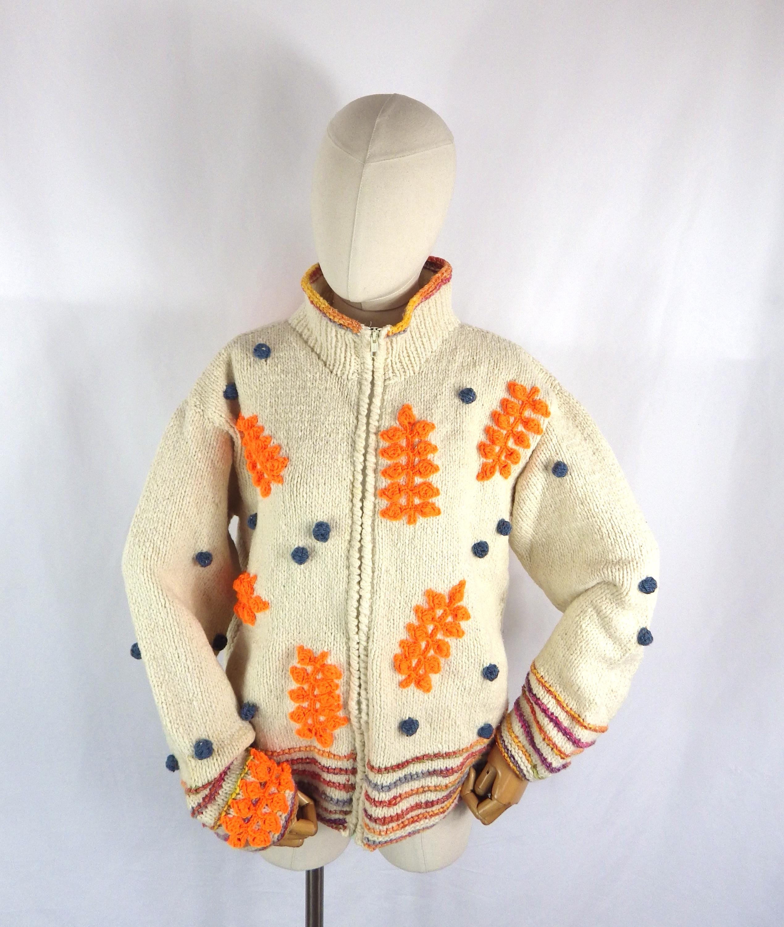 Vintage Hand Knit Wool Cardigan: Applique Bobble Zip-up, Bust 45