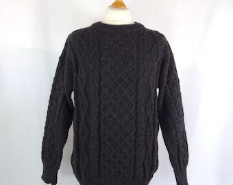 Vintage Chunky Cable Knit Wool Sweater - Dark Green Rustic Pullover L