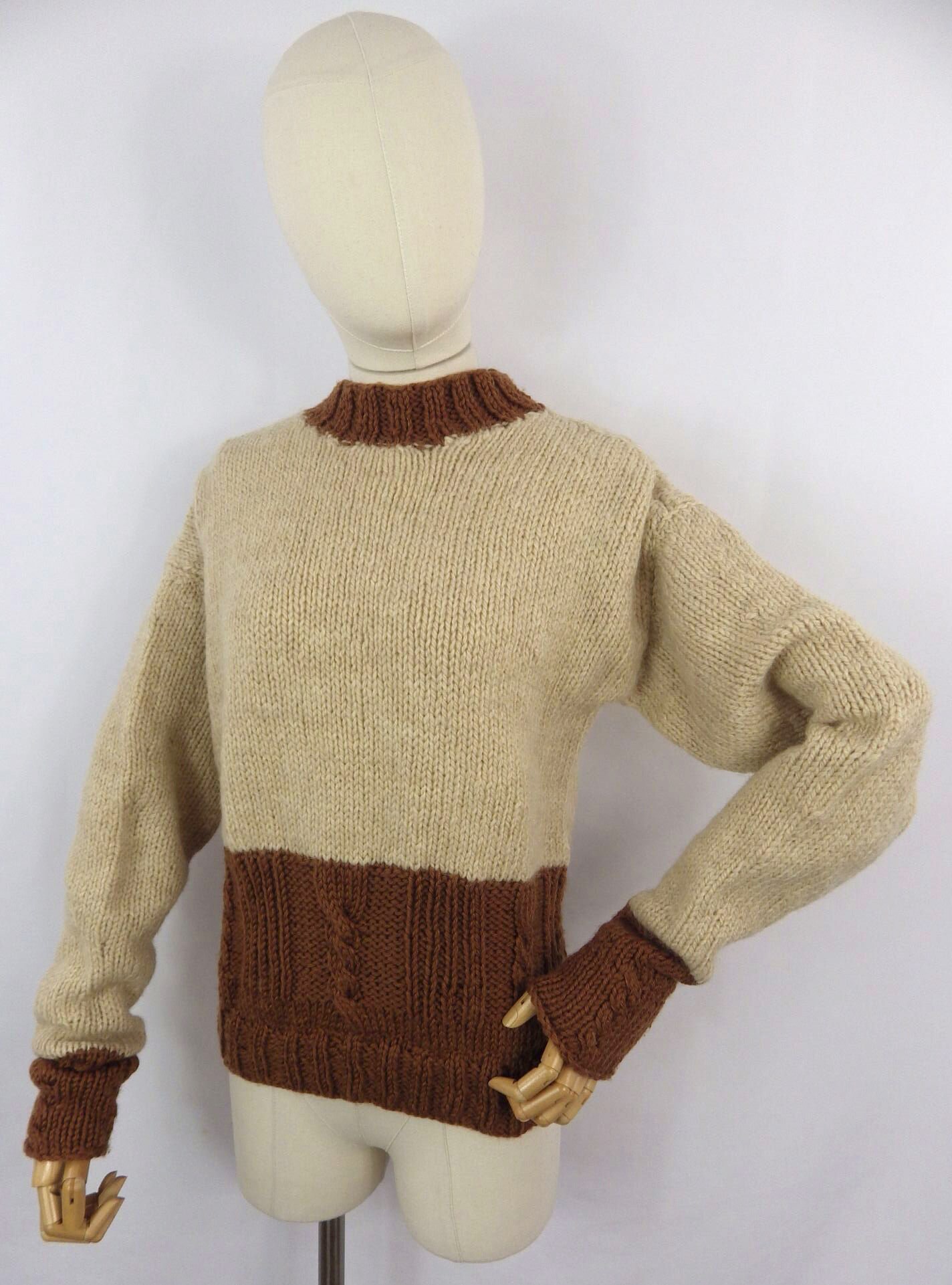Vintage hand knit brown cable aran wool blend rustic jumper | Etsy