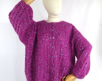 Vintage Hand Knit Mohair Cardigan: Purple Flecked Slouchy Sweater (Bust 50")