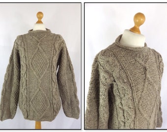 Vintage hand knit very chunky light brown cable wool rustic sweater jumper pullover Chest 46" XL Grace and Garbo classic