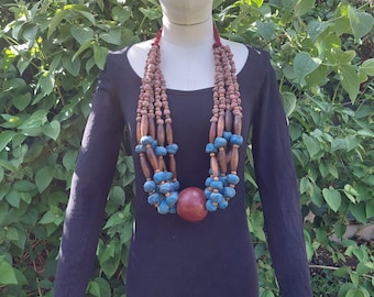 Vintage Wood & Cobalt Blue Stone Tribal Statement Necklace