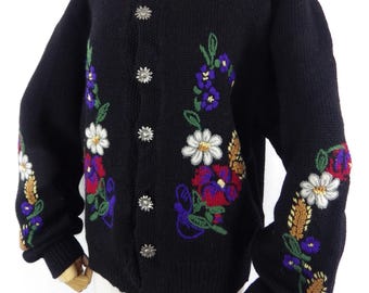 Vintage Hand Embroidered Wool Cardigan, Floral Statement Sweater (Size 14-16 UK)