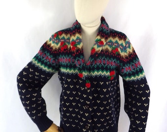 Vintage Fairisle Blue Multi Hand bestickte Rose Strickjacke Büste 40 "Größe 12 UK
