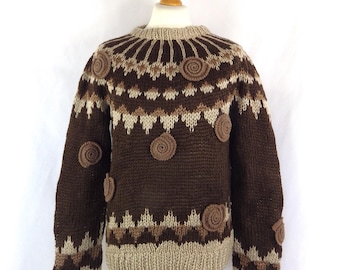 Vintage hand knit brown wool fair isle yoke neck shell applique sweater 41" M