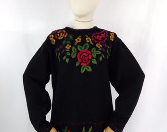 Vintage Embroidered Wool Blend Sweater: Floral Jumper, Size 14 UK