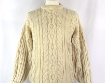 Vintage 100% Wolle grobstrick Zopfmuster Wolle Rollkragen Pullover 101cm Brustumfang