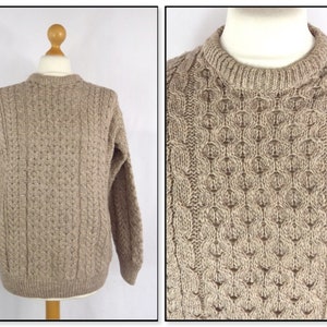 Vintage pure wool mens aran cable knit beige camel brown sweater jumper pullover Chest 46" XL classic rustic cottagecore rural