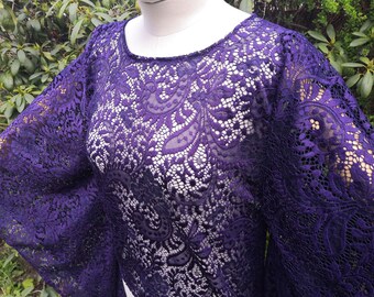 Handmade Purple Lace Top: Sheer Angel Sleeve Blouse, UK Size