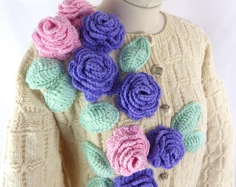 Hand Knit Wool Cardigan: Vintage Cream Cable Knit with 3D Rose Applique