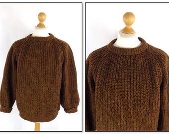 Vintage chunky brown marl pure wool classic fisherman sweater jumper pullover Chest 45" L Large XL Grace and Garbo