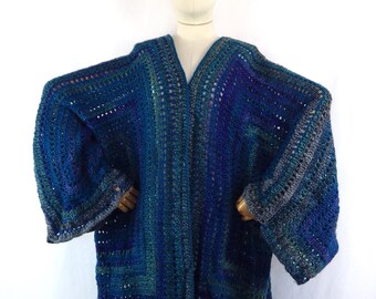 Vintage crochet dramatic boho oversized cardigan blue grey teal Bust 58" Size 22 plus size XXL Grace and Garbo