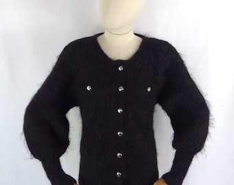 90s Black Mohair Vintage Cardigan With Knitted Flower Detail