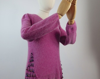 Vintage Angora Sweater: Pink Beaded Jumper, Size 10 UK