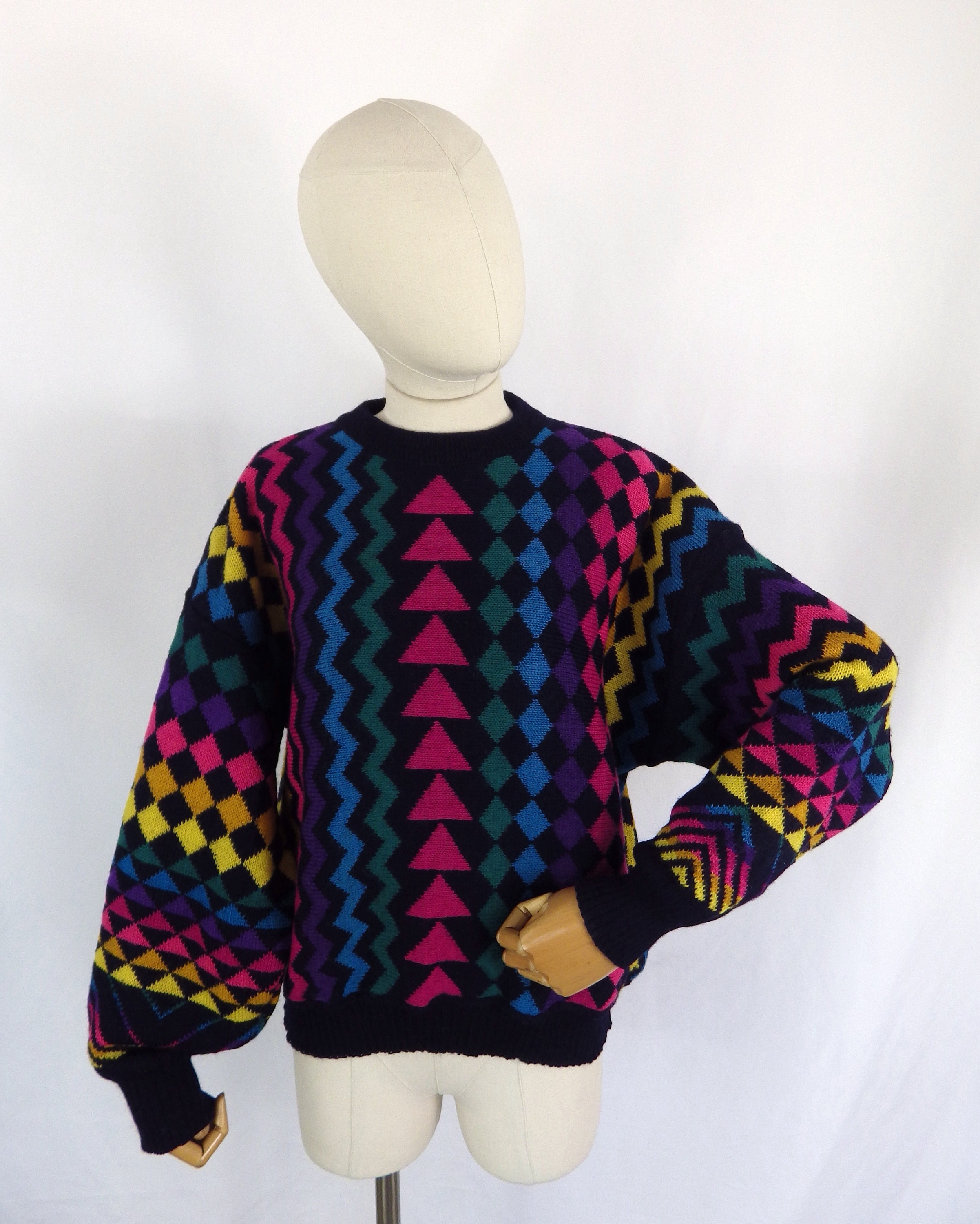 Vintage 80s Geometric Wool Sweater: Multicolour Slouchy Jumper, UK 