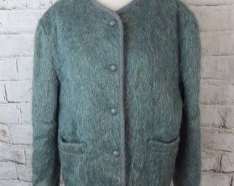 Vintage green teal mohair wool cardigan jacket lined Made in Britain pockets size 18 UK bust 46&quot; Grace and Garbo Graceandgarbo blogger
