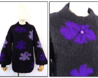 Vintage hand knit fluffy soft mohair black purple floral Size 16 UK arty jumper sweater pullover Grace and Garbo boho festival