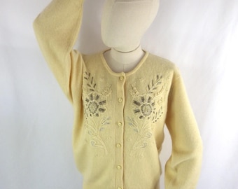 Vintage Angora Cardigan: Cream Beaded Embroidered Sweater (Bust 41")