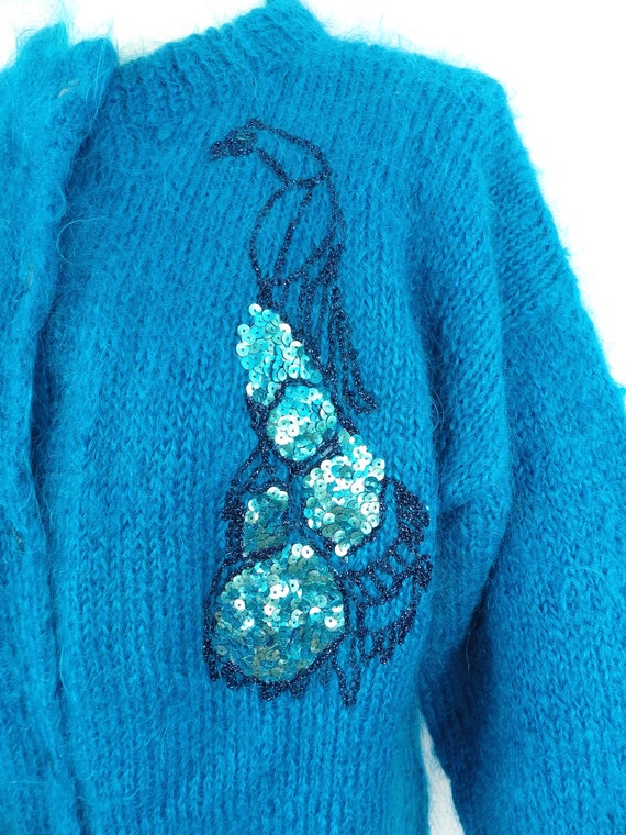 Vintage unique hand knit turquoise blue peacock s… - image 3