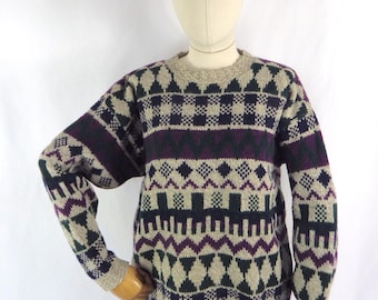 Vintage Fair Isle Wool Blend Sweater: Autumnal Retro Jumper, UK Size 12