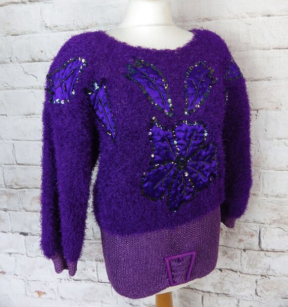 ACNE - 【最終価格】kiaris vintage 80s purple knit Vintage 80s Purple Sequin Appliqué Sweater: Fluffy Knit, UK Size