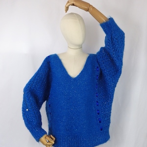 Blue Sparkly Mohair Knit Sweater: Slit Sleeve Batwing, Pearl Detail