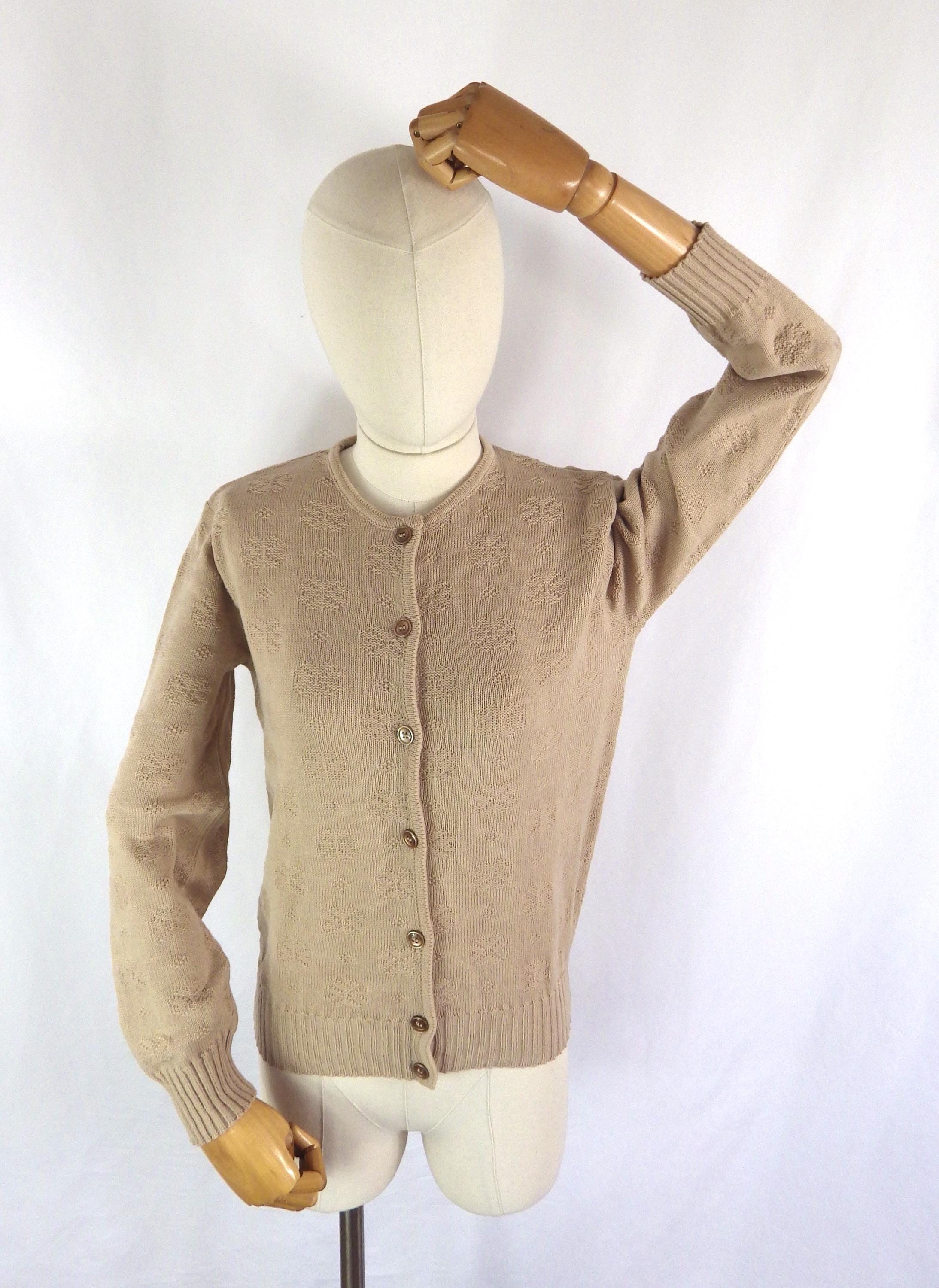 Vintage Textured Acrylic Cardigan: Retro Caramel Brown, Bust 36