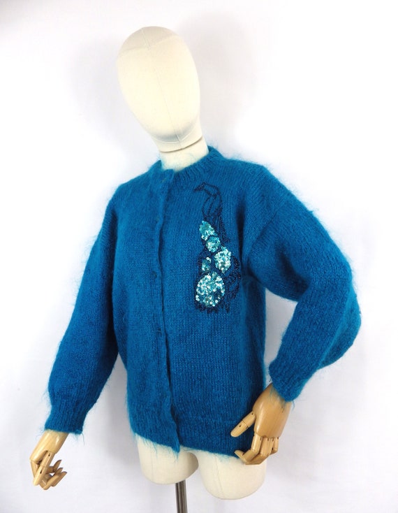 Vintage unique hand knit turquoise blue peacock s… - image 6