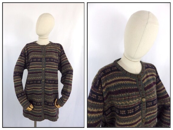 Vintage pure wool green brown autumnal fair isle … - image 1