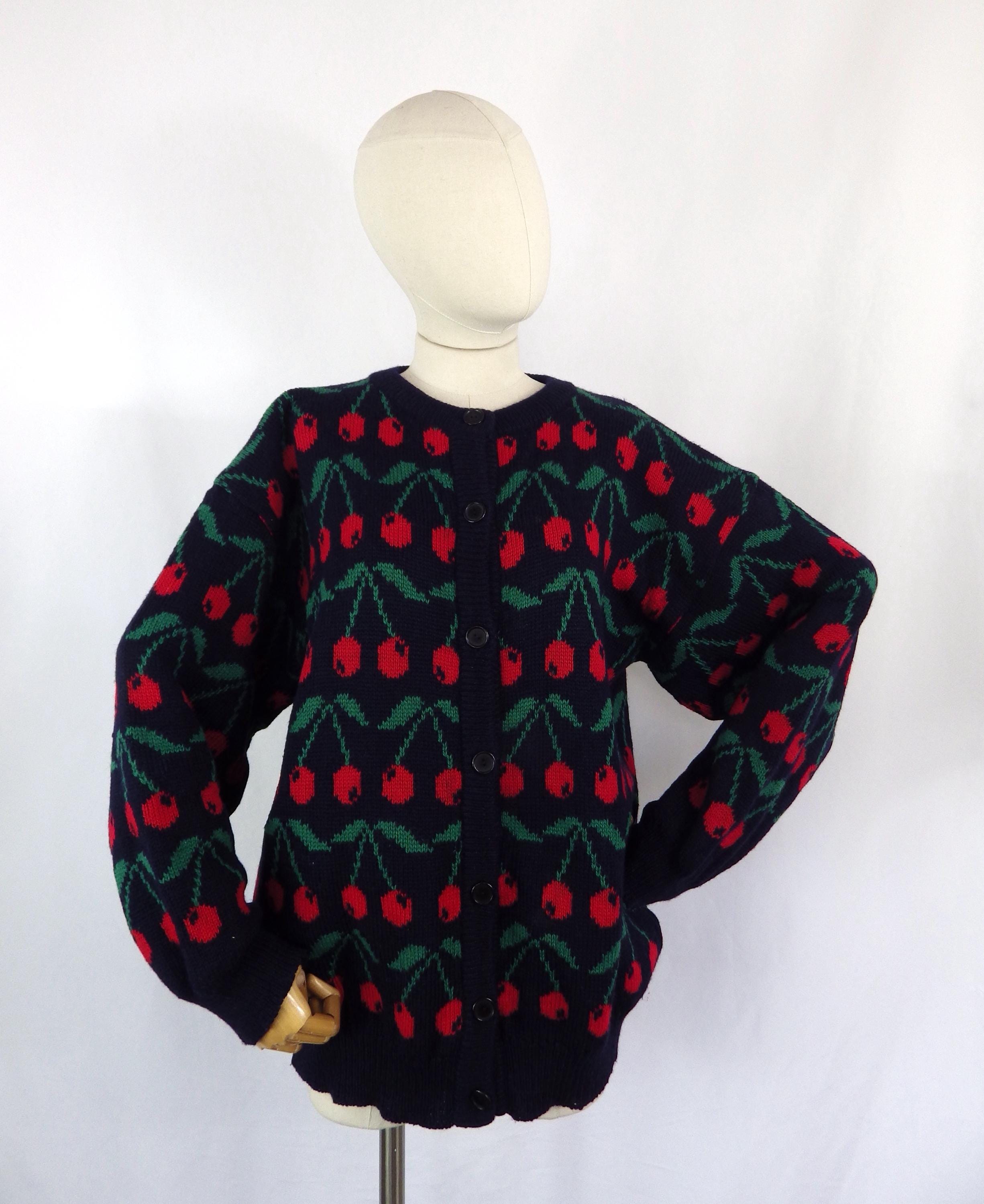 Vintage Cherry Cardigan Sweater: Retro Acrylic Knit, Bust 44