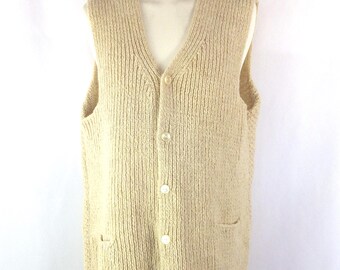 Vintage hand knit cream chunky wool sleeveless cardigan vest Chest 44" L