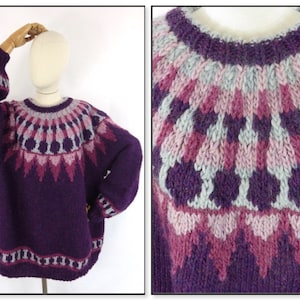 Vintage hand knit in Ecuador multicoloured purple chunky pure wool fair isle jumper sweater L Large 44 long Grace and Garbo
