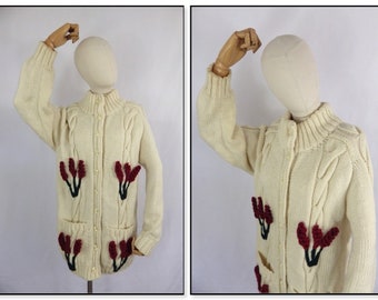 Vintage chunky heavy hyacinth floral applique cream ivory wool high neck cable knit cardigan bust 42" Size 14 UK pockets Grace and Garbo