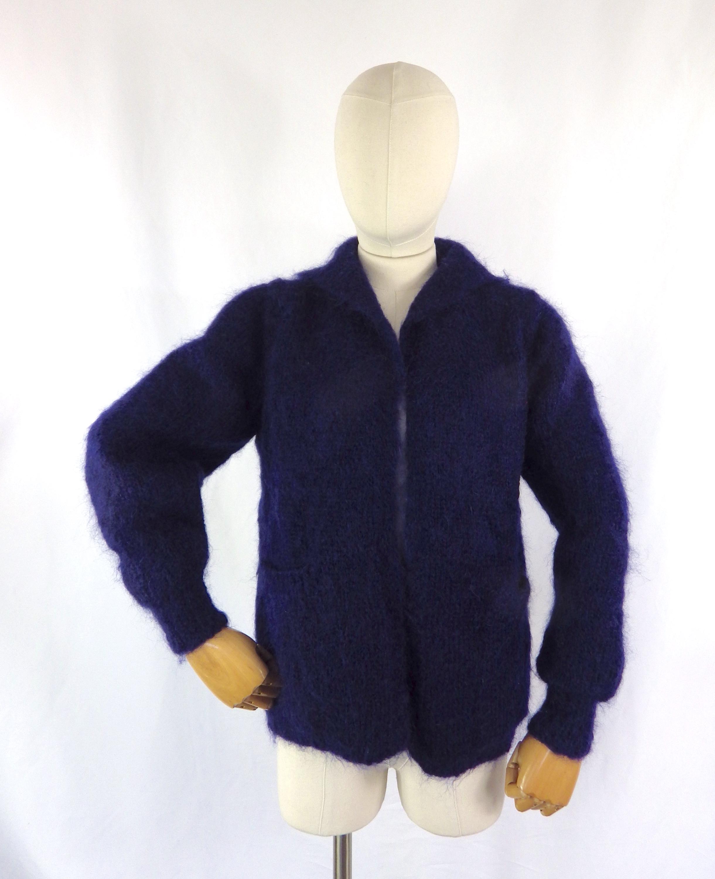 Vintage Mohair Cardigan: Navy Blue Lined Knit - Size 10 UK - Etsy